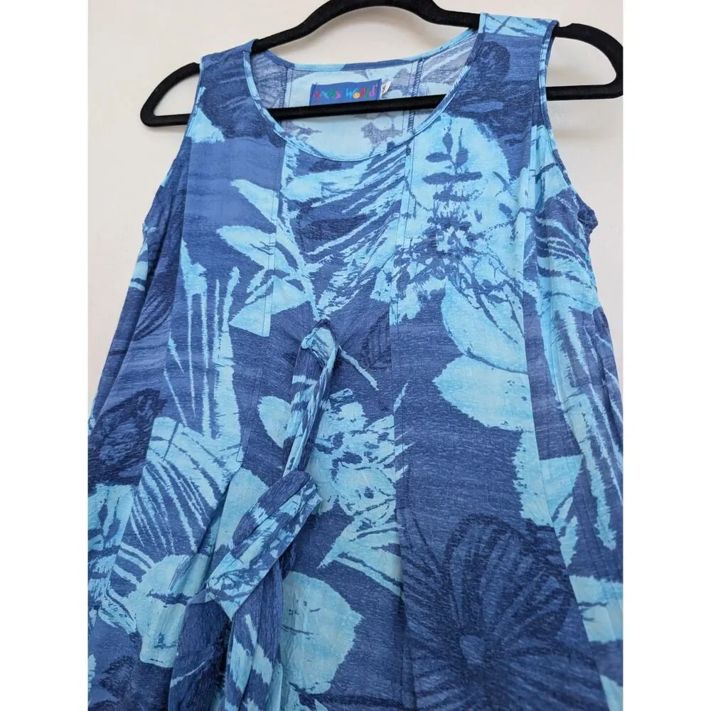 Jams World Blue Tropical Floral Print Sleeveless Babydoll Tie Dress Sz M